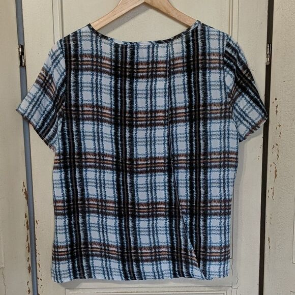 Maeve Blouse Medium Plaid Blue Brown Top Lightweight Semi Sheer - Picture 3 of 7